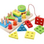 Fishing Game Geometry and Color Learning Five Sets of Columns Wooden Toys for Children Building Toy Baby