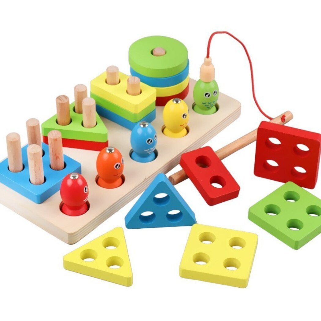 Fishing Game Geometry and Color Learning Five Sets of Columns Wooden Toys for Children Building Toy Baby